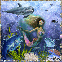 Sirène et dauphins - GIF animé gratuit