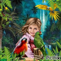 girl with parrots animoitu GIF