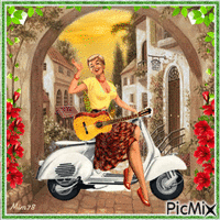 Femme sur une moto avec une guitare - Free animated GIF