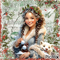 Child Girl with holly wreath and a winter animal - Zdarma animovaný GIF