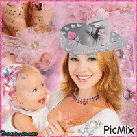 HD femme sur fond rose avec un bébé - Free animated GIF