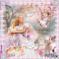 Ange rose et chatons