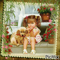 Petite fille avec un chien. animovaný GIF