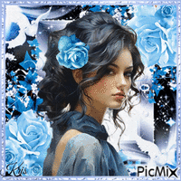 Brunette et roses bleu - Бесплатный анимированный гифка