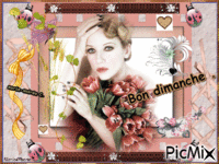 Un cadre rose / Marron / Beige § Des fleurs/une femme § Bon Dimanche. - GIF animé gratuit