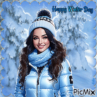 Happy Winter Day. Woman, blue animerad GIF