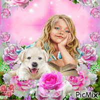 Une petite fille et son chien geanimeerde GIF