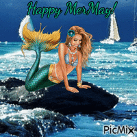 Turquoise mermaid on rock (my 2,390th PicMix) Animiertes GIF
