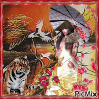 tiger and asian woman - GIF animé gratuit