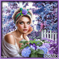 Femme et fleurs d' hortensia - GIF animé gratuit