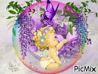 angel in bubble with butterflies, and purple flowers. - GIF เคลื่อนไหวฟรี
