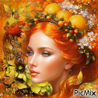 Portrait de femme en orange et jaune - Безплатен анимиран GIF