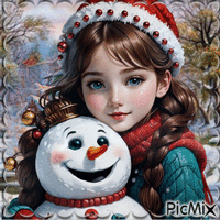 Enfant en hiver avec le bonhomme de neige GIF แบบเคลื่อนไหว