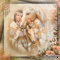 Indienne et son cheval (aquarelle).
