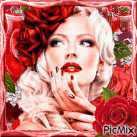 Portrait de femme blonde avec des roses rouges Animiertes GIF