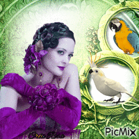 Concours : Visage femme et perroquets - Tons vert et violet