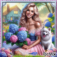 Woman and hydrangea flowers animeret GIF