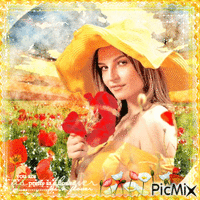 Woman in Yellow with Poppies - GIF animé gratuit