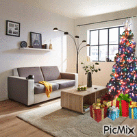 Christmas tree in living room animirani GIF