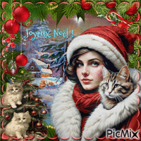 Joyeux Noël avec une femme et les chats - GIF animado grátis