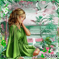 Hello Summer, lady in green - Бесплатный анимированный гифка
