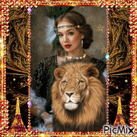 Art Deco Lady und Löwe in Gold/Schwarz