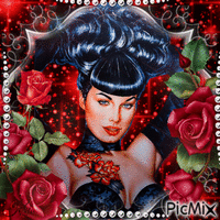 Femme avec des roses - Rouge, noir et blanc - Безплатен анимиран GIF