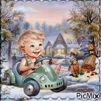Enfant en hiver avec sa voiture animerad GIF