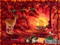 FALL COLORS MOSTLY ORANGE MAN AND FIRE, NEAR LAKE WITH 2 DUCKS SWIMMING, A DEER AND BABY IN THE BANK.3 DUCKS FLYING, ONE DUCK ON THE BANK, BORDER OF FIRE. GIF animé