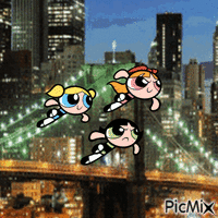 Powerpuff Girls flying around New York City - GIF animé gratuit