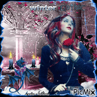 Femme d'hiver gothique _ tons bleu et rose
