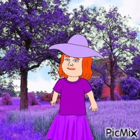 Baby wearing purple shirt, hat and skirt in lavender field animirani GIF