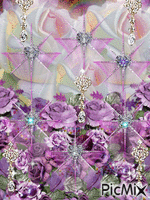 PINK AND WHITE ROSES, PURPLE FLOWERS AT THE BOTTOM6 STARS WITH A BLUE DIAMOND, 2 DIAMOND EARRINGS AT THE BOTTOM, ANDV 3 AT THE TOP. - Бесплатни анимирани ГИФ