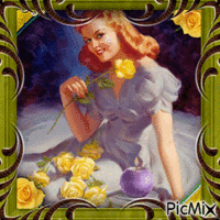 VINTAGE WOMAN WITH YELLOW ROSES animuotas GIF