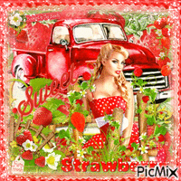 Woman and strawberry truck
