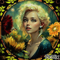 woman with sunflowers - Free animated GIF