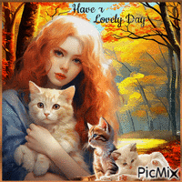 Have a Lovely Day. Girl, cats, autumn - GIF animé gratuit