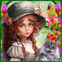 Spring time. Girl with her cat - Ingyenes animált GIF