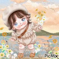 Little girl with flowers-contest - Gratis animerad GIF
