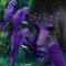 visage femme et perroquets en violet et vert