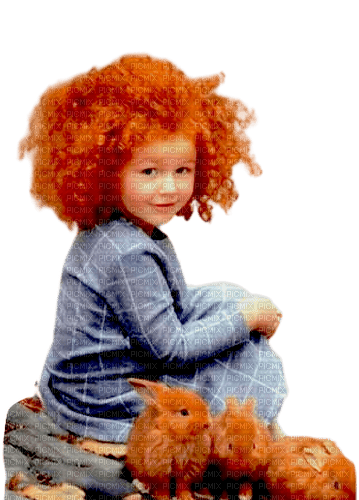 Autumn red hair child and rabbits - бесплатно png
