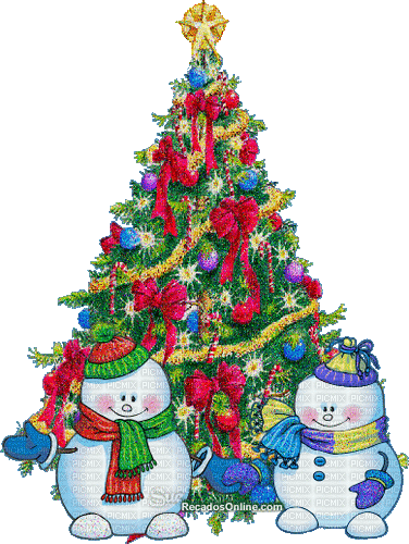 x mas tree and snowmen - Bezmaksas animēts GIF