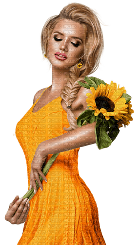 Woman in yellow dress and sunflower - zdarma png