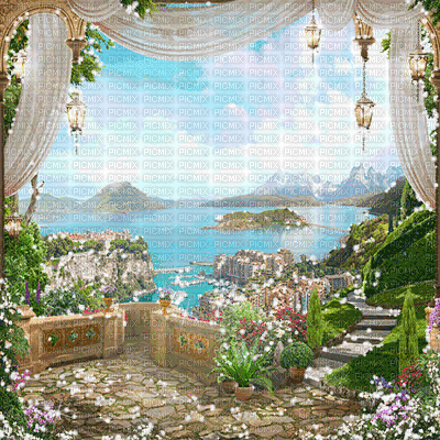 dolceluna animated spring background garden sea - Δωρεάν κινούμενο GIF
