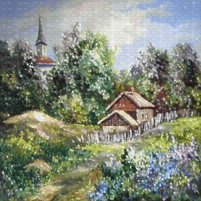 fondo paisaje pueblo iglesia gif dubravka4 - GIF animado gratis