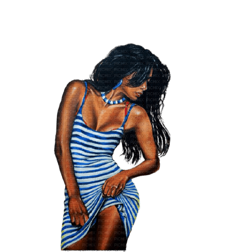 Femme en robe bleue blanc rayures - Free PNG