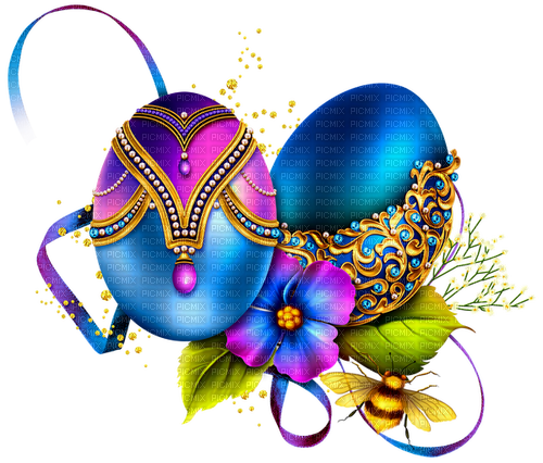 Easter.Eggs.Flower.Bee.Purple.Blue.Yellow.Gold - png gratis