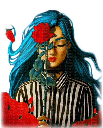 Woman.Roses.Fantasy.Blue.Red - KittyKatLuv65 - gratis png