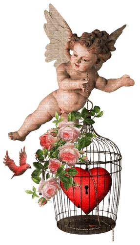 Coeur Rouge Cage Fleur  Ange Vintage:) - Free PNG