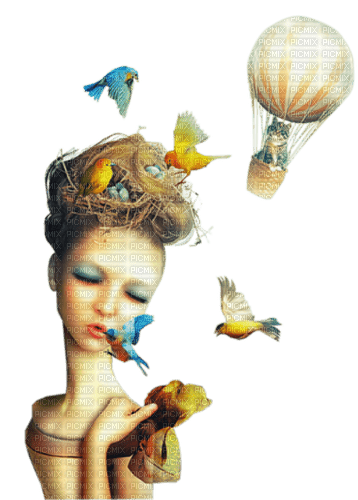 surreal woman birds balloon - фрее пнг